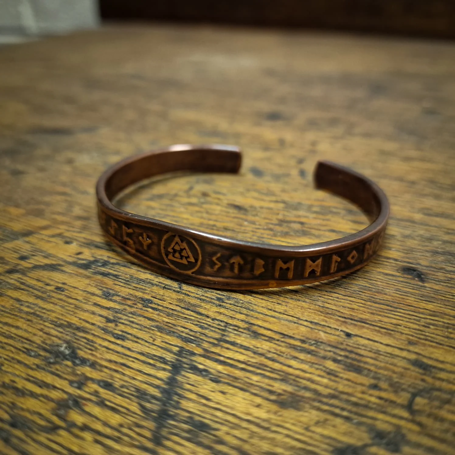 Antiqued Valknut Copper Cuff - Line End